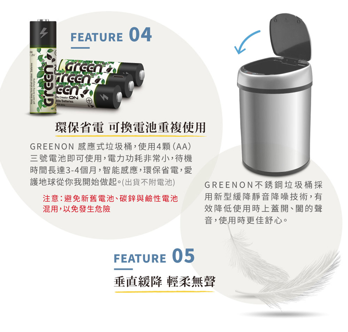GREENON 感應式垃圾桶，採用新型緩降靜音降噪技術