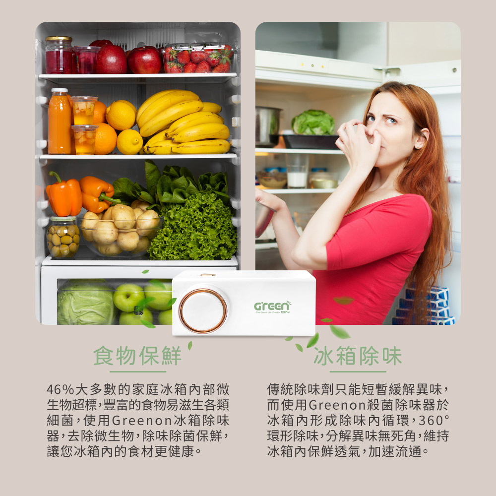Greenon殺菌除味器於冰箱內形成除味內循環,360°環形除味