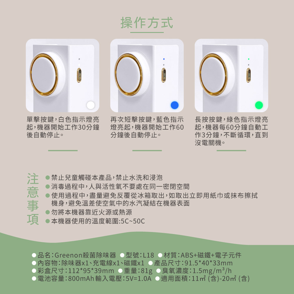 Greenon殺菌除味器防潮抗菌設計 附有磁鐵貼，隨意吸附