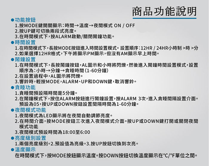 LED鏡面時鐘 產品規格 介面說明