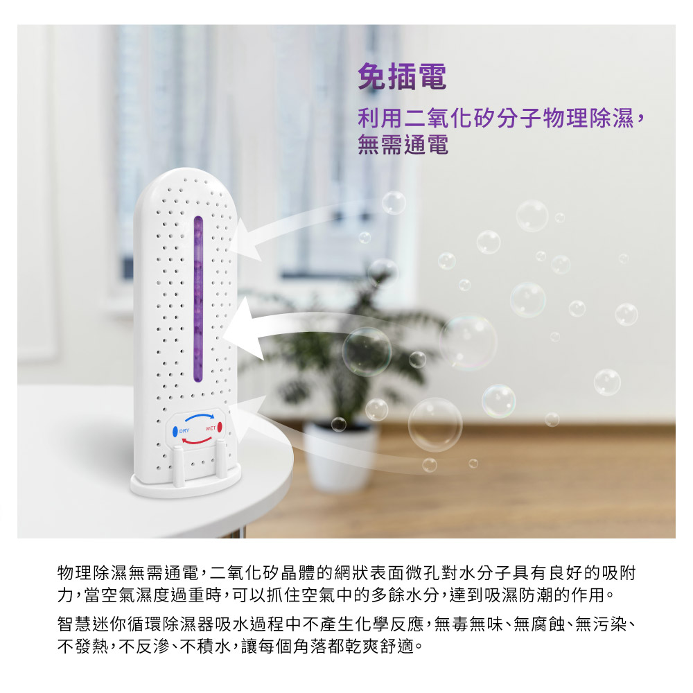 免插電:利用二氧化矽分子物理除濕,無需通電