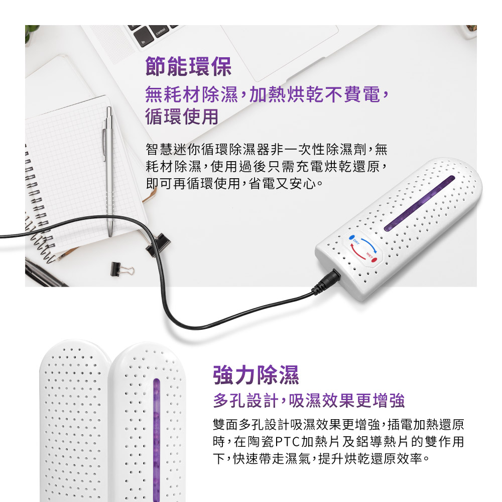 節能環保：無耗材除濕，加熱烘乾不費電，循環使用