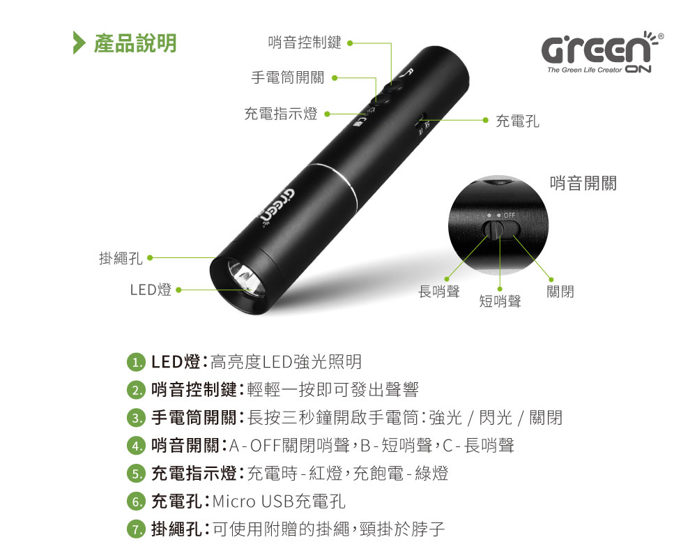 GREENON USB電子哨手電筒,產品介紹,外觀按鍵說明