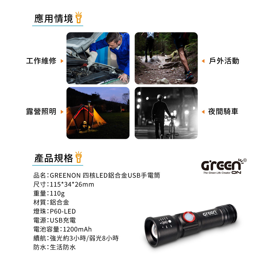 GREENON 四核LED鋁合金手電筒 GSL100S 產品規格