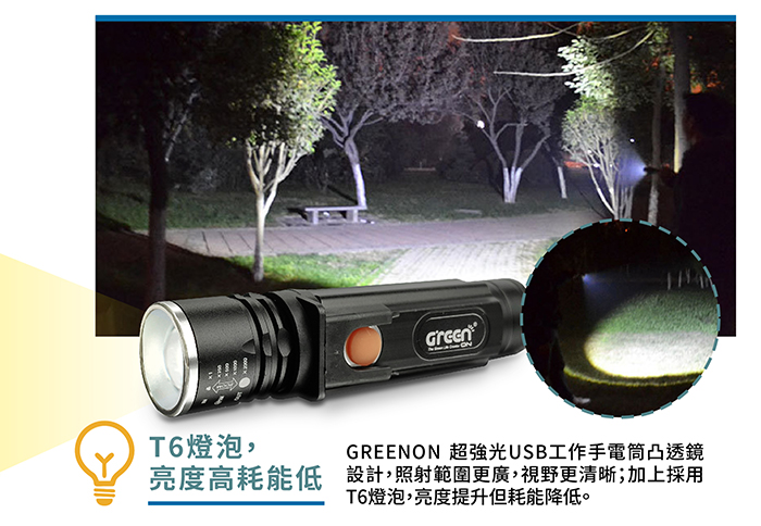 GREENON 超強光USB工作手電筒 (伸縮變焦COB側燈 防水等級IPX6)