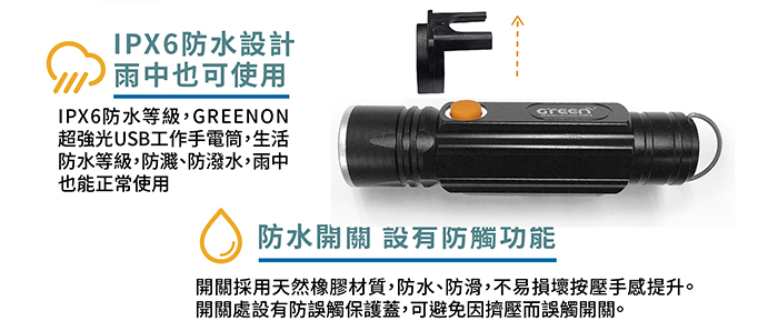 GREENON 超強光USB工作手電筒 (伸縮變焦COB側燈 防水等級IPX6)