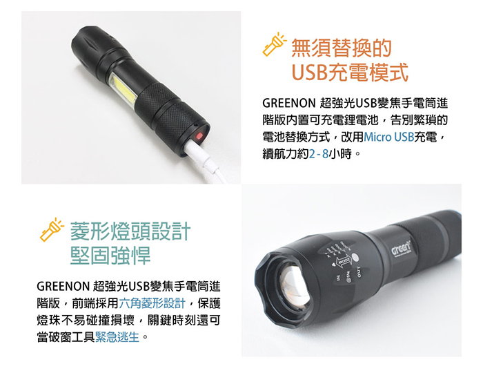 GREENON 超強光USB變焦手電筒USB供電