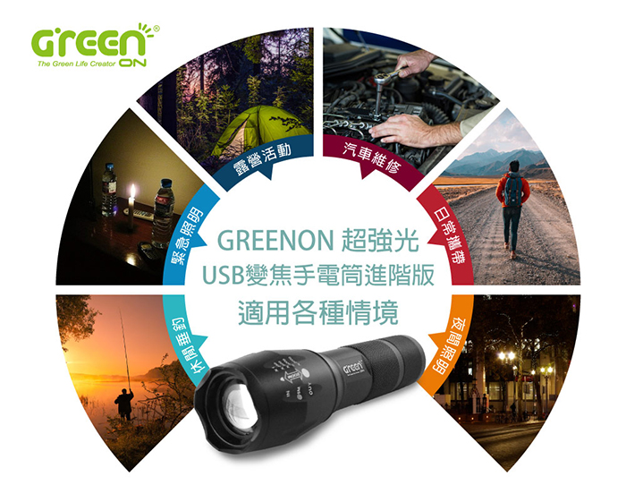 GREENON 超強光USB變焦手電筒適用情境