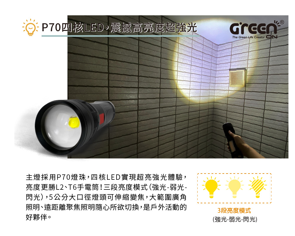 GREENON 超強光複合式手電筒 P70四核LED 超高亮度