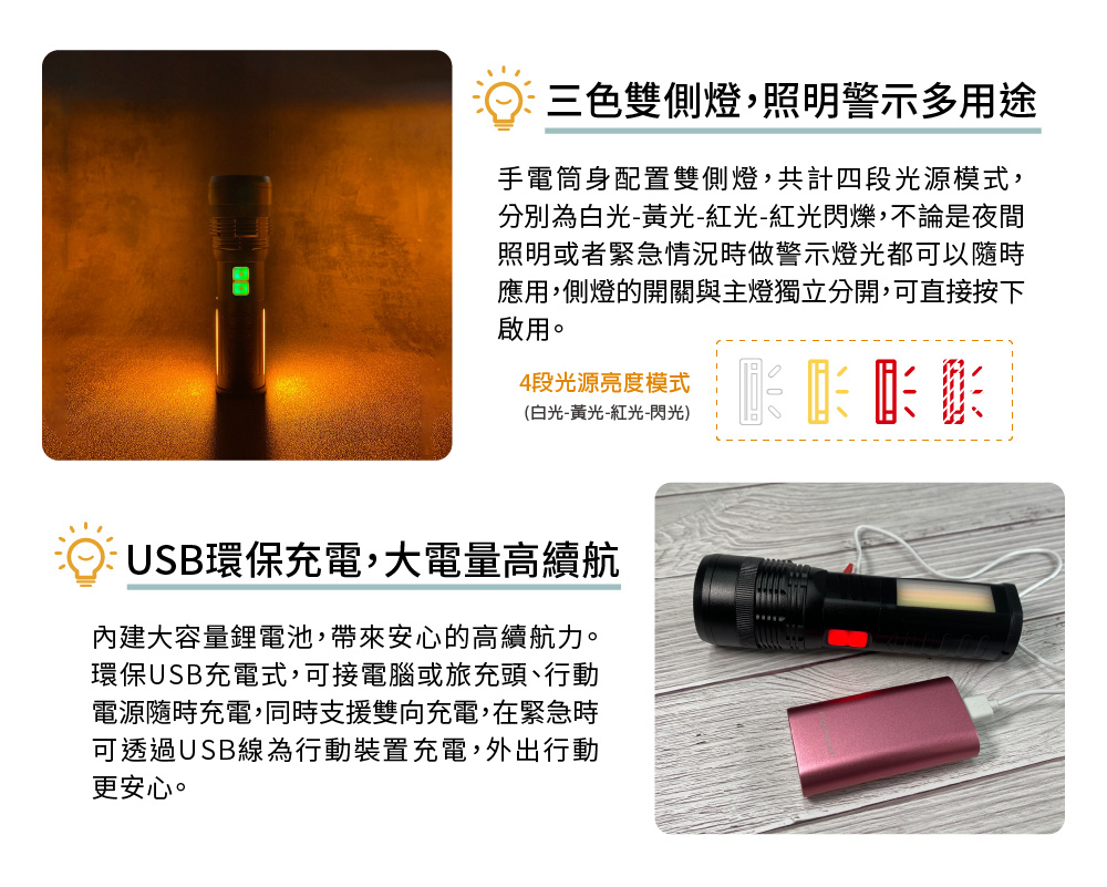 GREENON 超強光複合式手電筒 三色側燈 USB充電式
