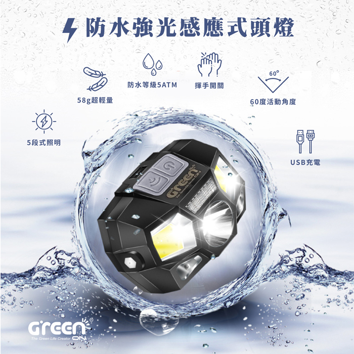 GREENON 防水強光感應式頭燈 特色推薦