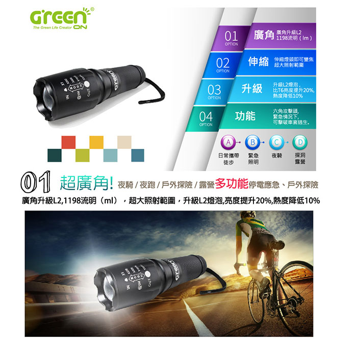 GREENON 超強光XM-L2 LED手電筒