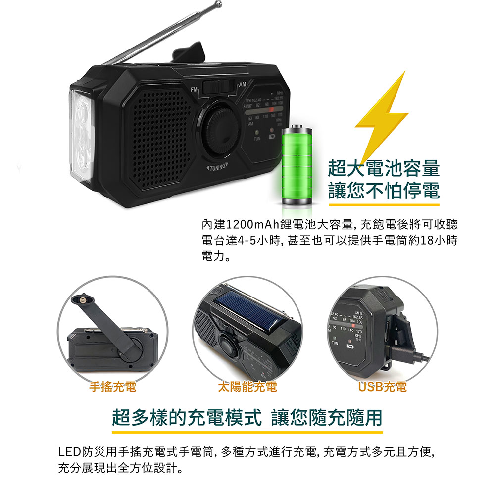 環保充電式手電筒 RD366 手轉發電 USB充電 太陽能充電