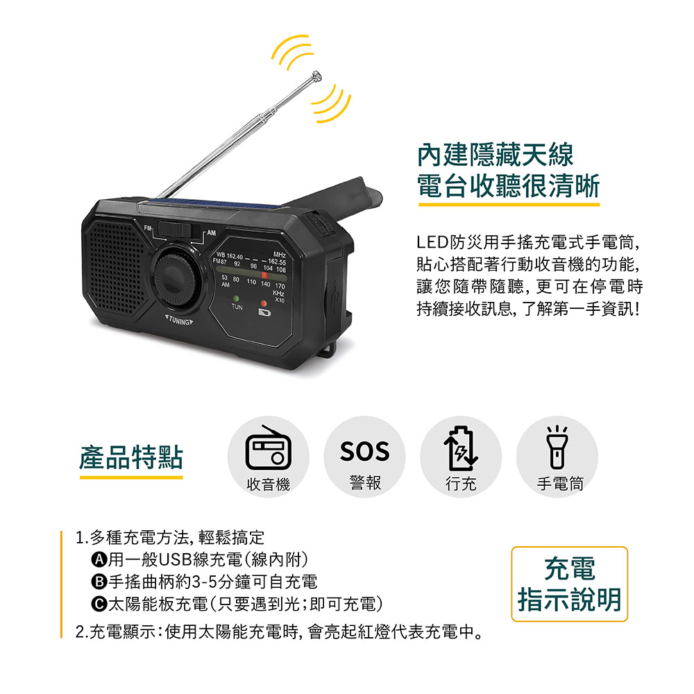 LED防災手搖手電筒RD366 收音機功能 SOS警報聲