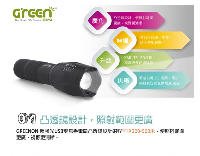 GREENON USB手電筒 超強光