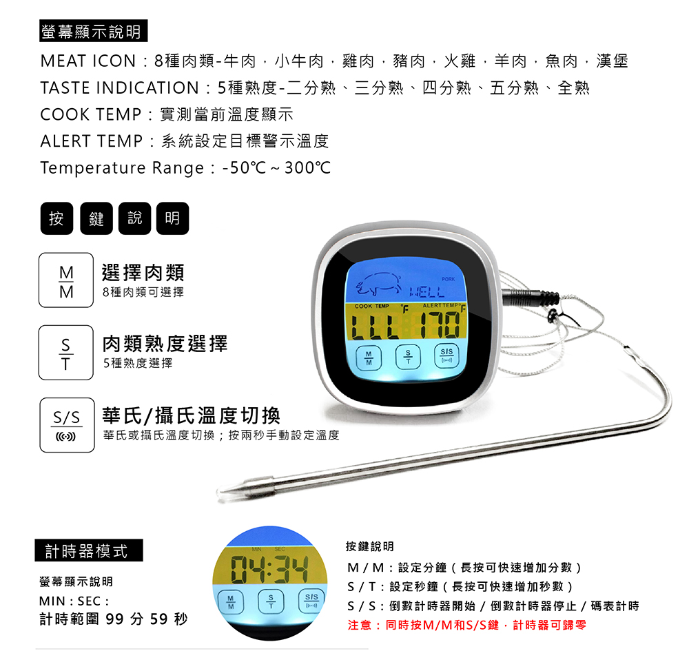 多種固定方式 不鏽鋼探針式溫度計 