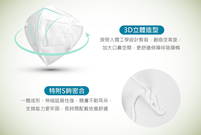 百慶N95口罩採3D立體造型設計，外加S型掛勾，輕鬆舒服又時尚。