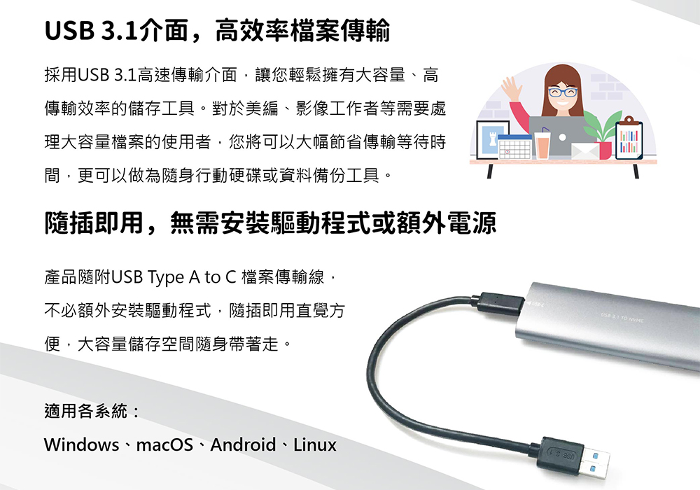 US 介面,高效率檔案傳輸採用 3.1高速傳輸介面,讓您輕鬆擁有大容量高傳輸效率的儲存工具。對於美編、影像工作者等需要處理大容量檔案的使用者,您將可以大幅節省傳輸等待時間,更可以做為隨身行動硬碟或資料備份工具。隨插即用,無需安裝驅動程式或額外電源產品隨附USB Type A to C 檔案傳輸線,不必額外安裝驅動程式,隨插即用直覺方便,大容量儲存空間隨身帶著走。適用各系統:Windows 、macOS、Android、LinuxBUSB 3.1