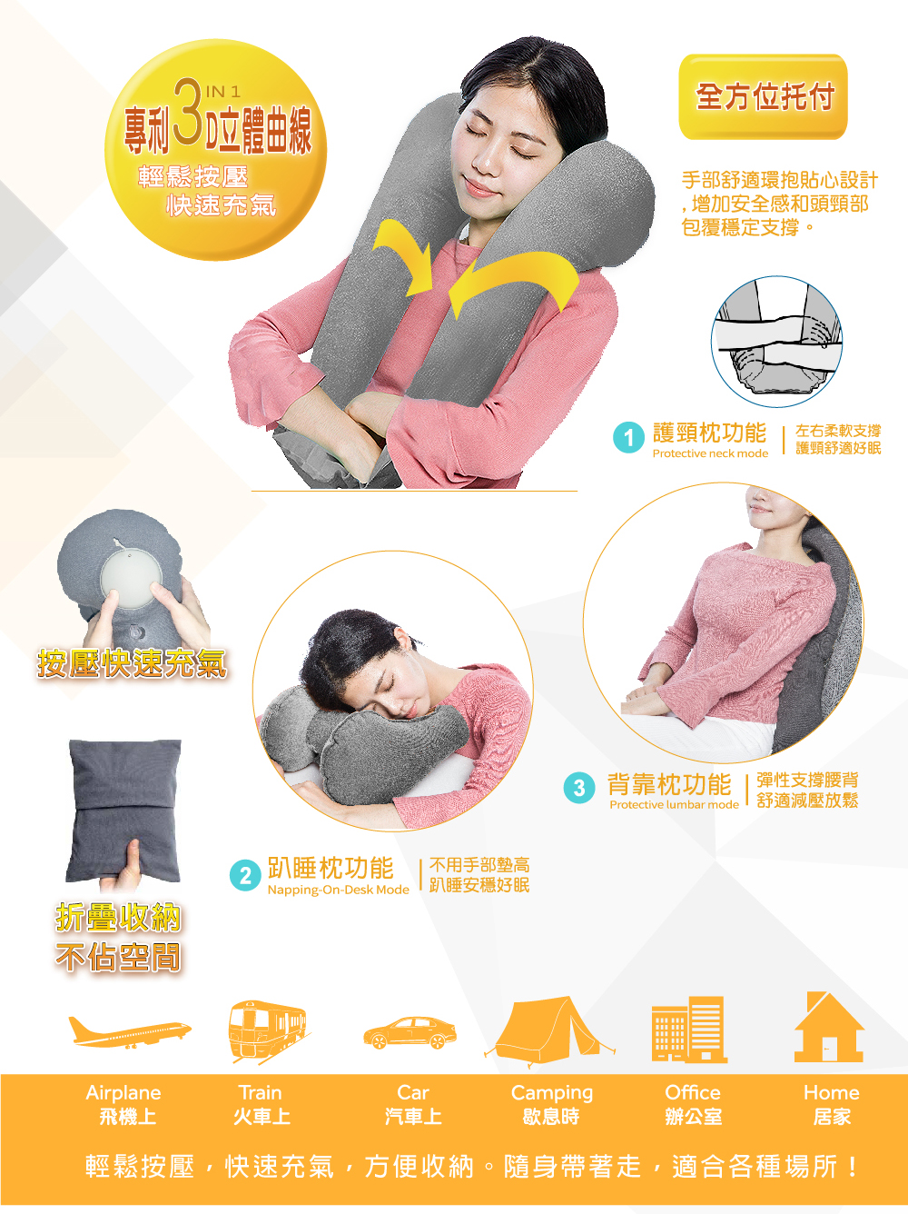 百慶充氣枕,專利3D立體曲線,托趴靠三合一多功能旅行枕