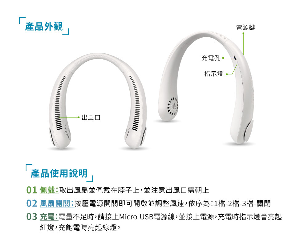 頸掛式無葉風扇 產品外觀 使用說明